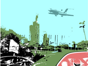 Stadt, City, Flugzeug, Verkehr